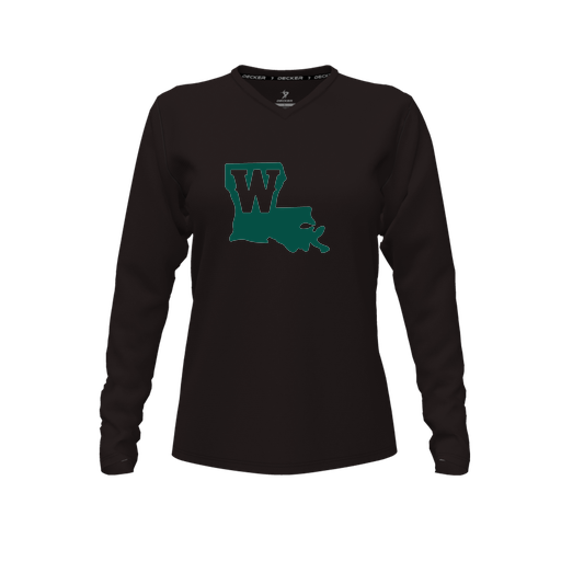 [CUS-DFW-TEES-CMF-VNK-LSL-BLK-FYXS-LOGO2] Decker Comfort T-Shirt (Female Youth XS, Black, V Neck, Logo 2, Long Sleeve)