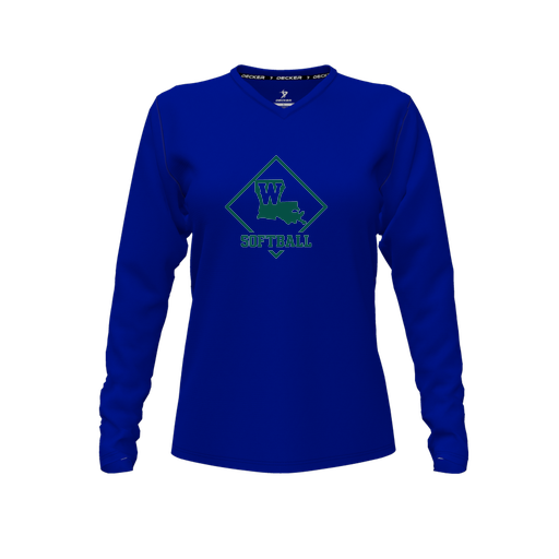 [CUS-DFW-TEES-CMF-VNK-LSL-RYL-FYXS-LOGO1] Decker Comfort T-Shirt (Female Youth XS, Royal, V Neck, Logo 1, Long Sleeve)