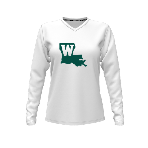 [CUS-DFW-TEES-PER-VNK-LSL-WHT-FYXS-LOGO2] Decker Performance T-Shirt (Female Youth XS, White, V Neck, Logo 2, Long Sleeve)