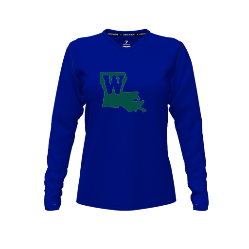 [FTLVPTRY-FYXS-LOGO2] Decker Performance T-Shirt (Female Youth XS, Royal, V Neck, Logo 2, Long Sleeve)