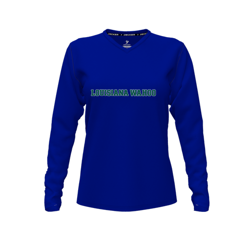 [CUS-DFW-TEES-PER-VNK-LSL-RYL-FYXS-LOGO3] Performance T-Shirt (Female Youth XS, Royal, V Neck, Logo 3, Long Sleeve)