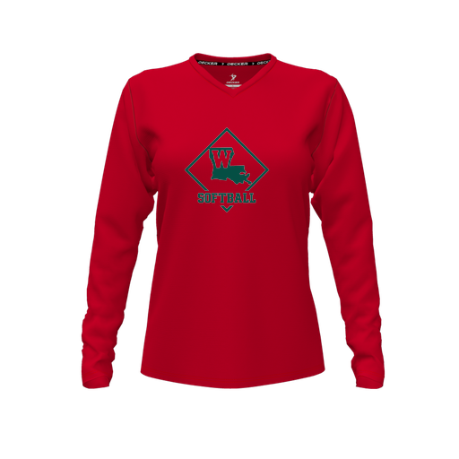 [FTLVPTRD-FYXS-LOGO1] Decker Performance T-Shirt (Female Youth XS, Red, V Neck, Logo 1, Long Sleeve)