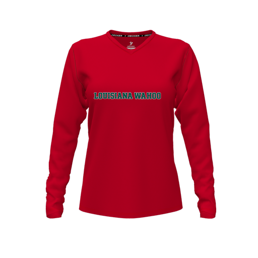[CUS-DFW-TEES-PER-VNK-LSL-RED-FYXS-LOGO3] Performance T-Shirt (Female Youth XS, Red, V Neck, Logo 3, Long Sleeve)