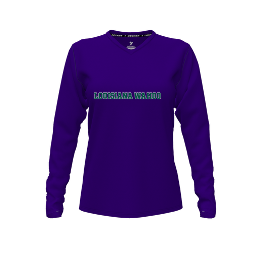 [CUS-DFW-TEES-PER-VNK-LSL-PUR-FYXS-LOGO3] Performance T-Shirt (Female Youth XS, Purple, V Neck, Logo 3, Long Sleeve)